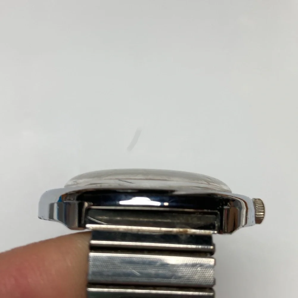 Vintage Timex black dial watch, works, stainless stretch bracelet